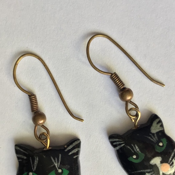 Vintage Cat Earrings Hand Painted Wood Feline Kitty - Picture 8 of 13